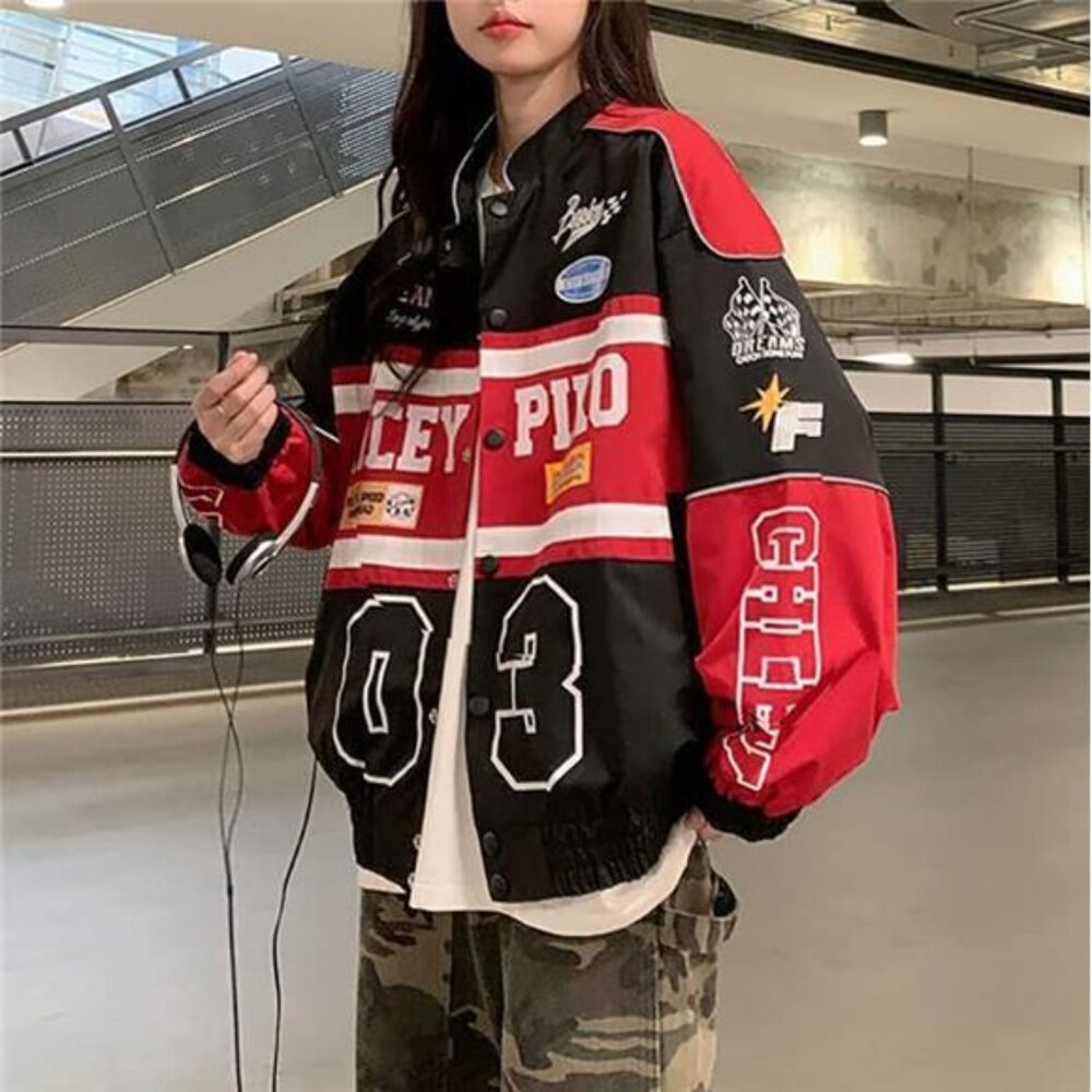 Women's Patchwork Long Sleeve Racing Bomber Letterman Varsity Jacket - Picture 3 of 7